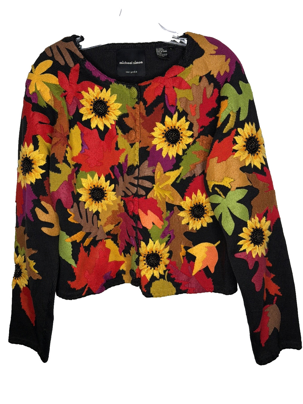 VTG Michael Simon L Embroidered Sunflower Sweater Cardigan Fall Autumn Halloween